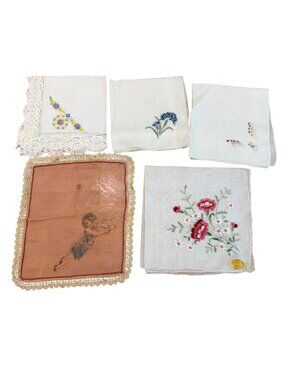 Set Of 5 Vintage Embroidered Cotton Handkerchiefs Floral Designs